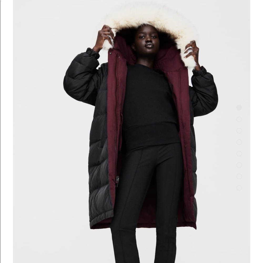 Zara Black Puffer Coat with Burgundy Lining and Cream Faux-Fur Hood